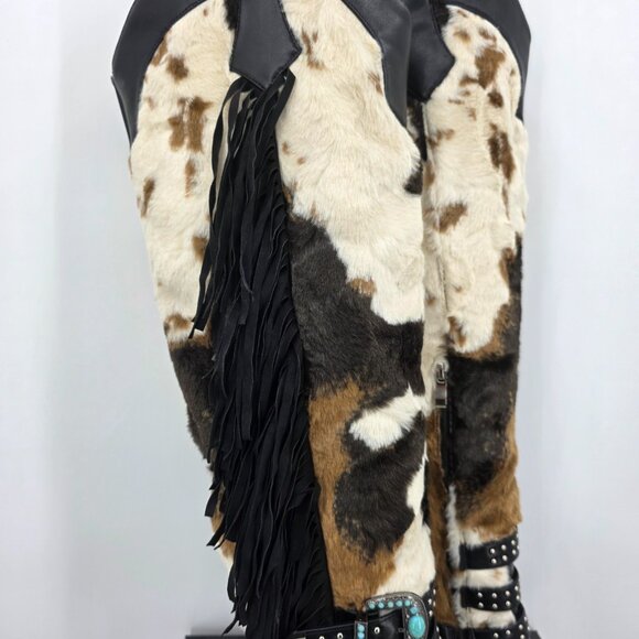 AZALEA WANG Gwayne Cow Print Knee High Fringed Western Boot Buckles 7-11 NWT - Picture 9 of 15